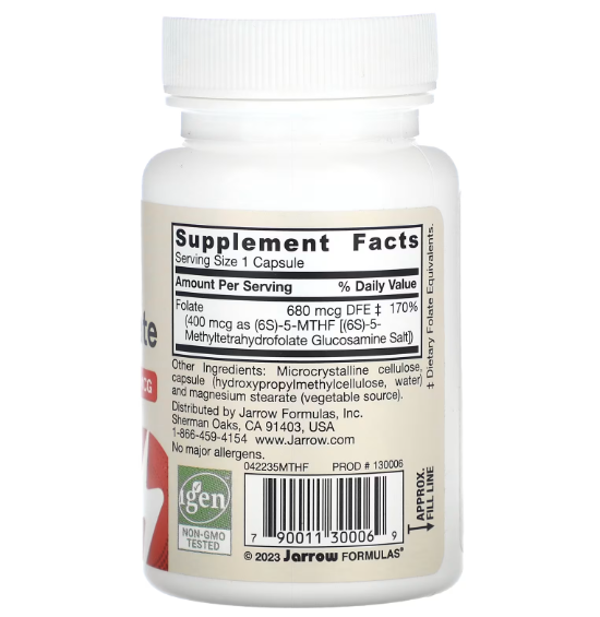 Jarrow Formulas, Methyl Folate, 400 mcg, 60 caps | Метилфолат, Фолиевая кислота, 400 мкг, 60 капсул