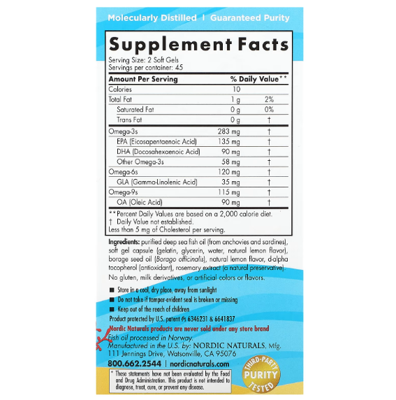 Омега 3-6-9, Junior, 283 мг - 35 мг GLA, 90 капсул | Nordic Naturals